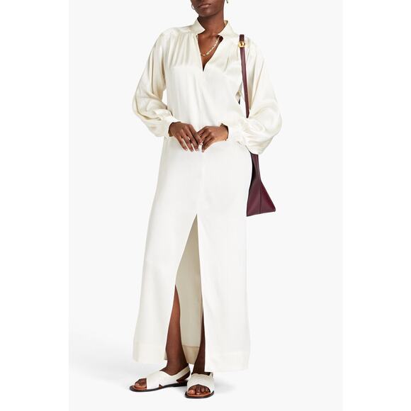 FRAME Dress Sz XS Kaftan Maxi White 100% Silk Split Neck Front Slit Long Sleeve - Picture 1 of 14